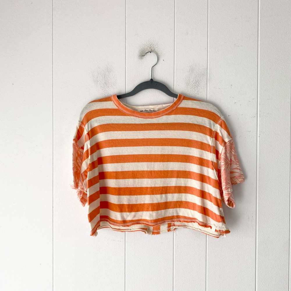 We The Free Orange Striped Floral Sleeve Boxy Crop Top XS Boho Nautical Grunge